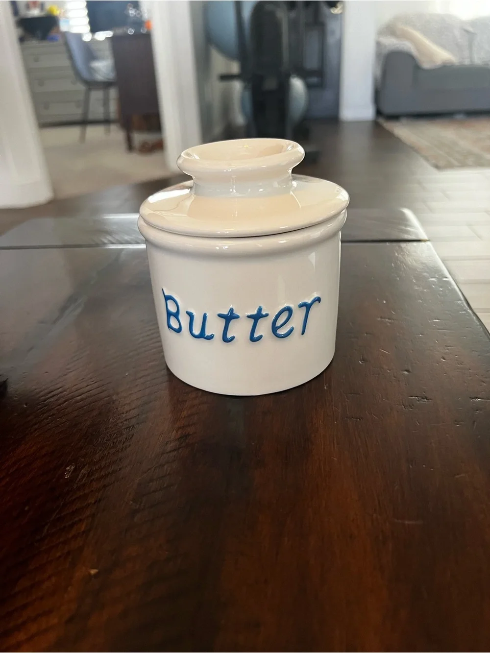 Ceramic Butter Crock - White with Blue Lettering